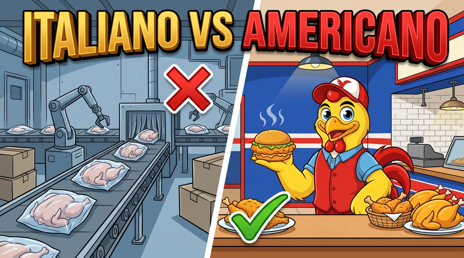 Fast food italiano vs americano: pollo industriale congelato contro il pollo giallo italiano di Bully Chicken
