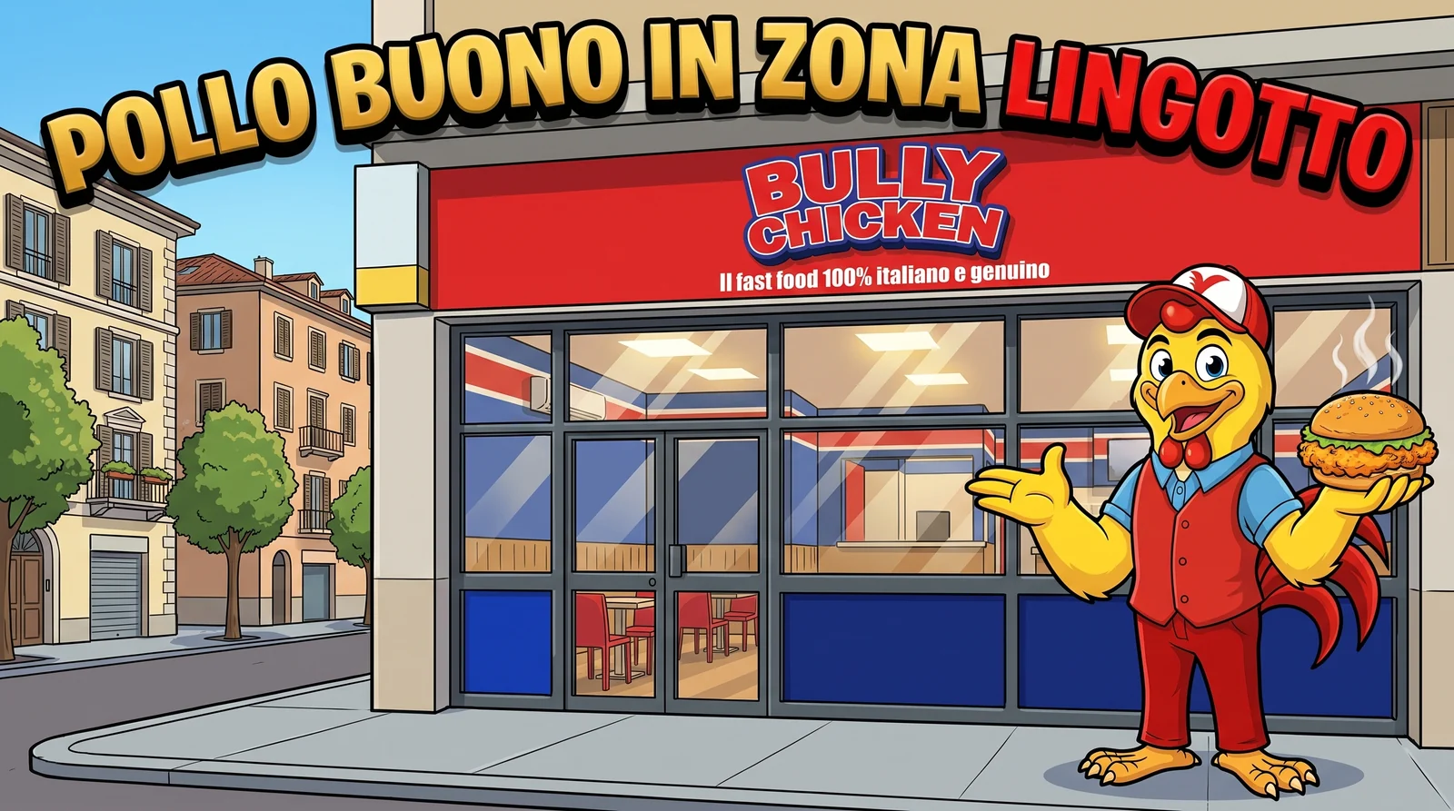 Dove mangiare pollo in zona Lingotto a Torino: la mascotte di Bully Chicken davanti al locale