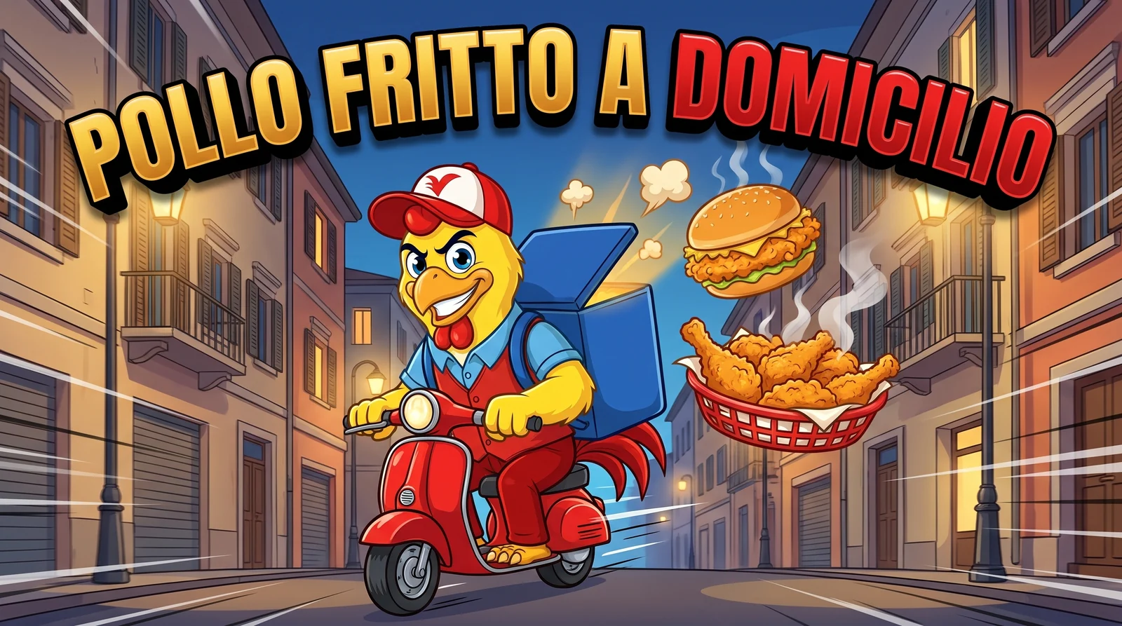 Pollo fritto a domicilio a Torino: la mascotte di Bully Chicken in consegna con panino di pollo giallo