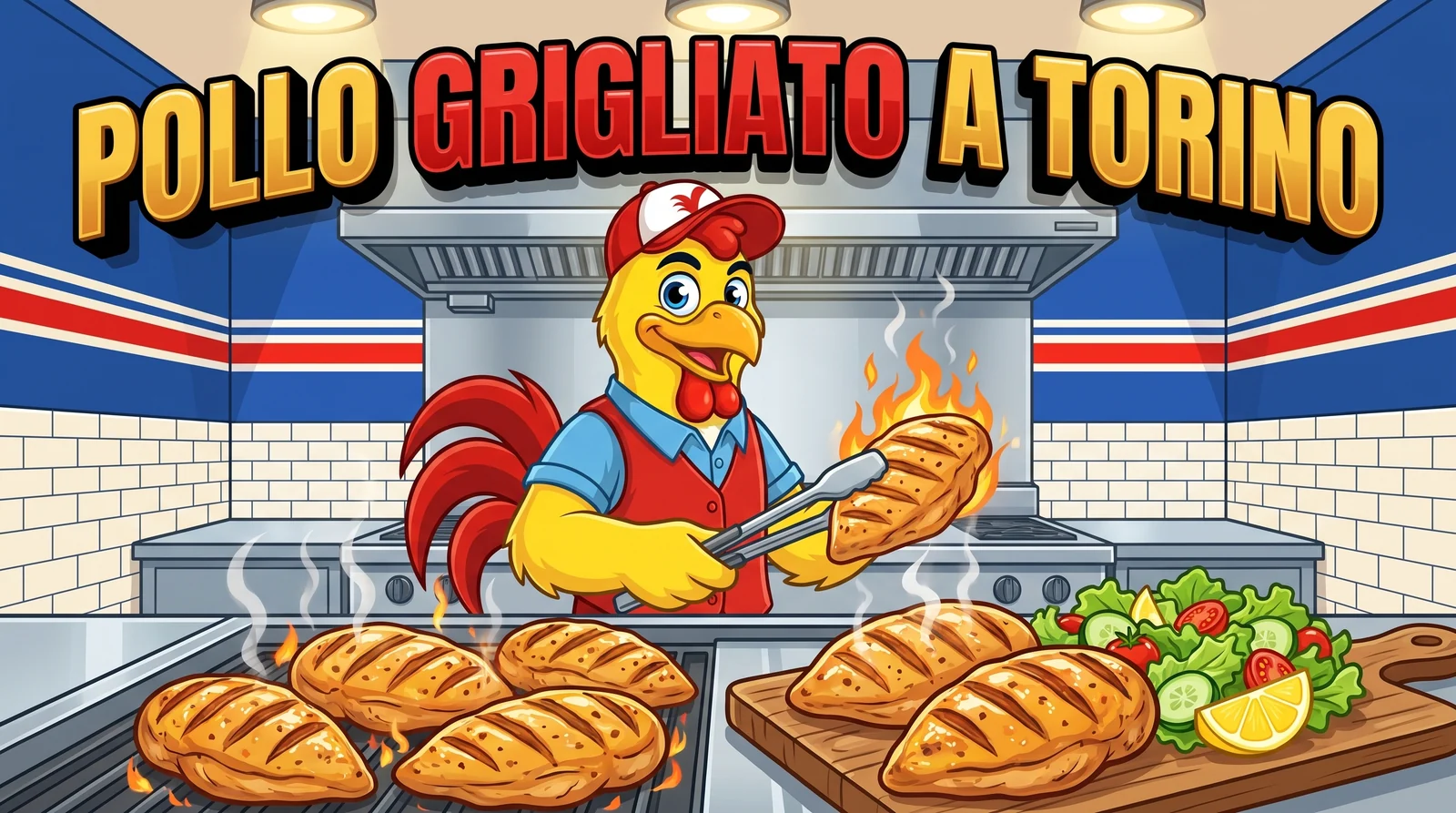 Pollo grigliato a Torino: la mascotte di Bully Chicken alla griglia con petti di pollo giallo italiano
