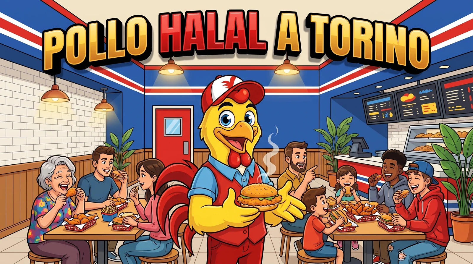 Pollo halal a Torino, la mascotte di Bully Chicken porge un panino di pollo giallo a un tavolo di clienti di ogni età