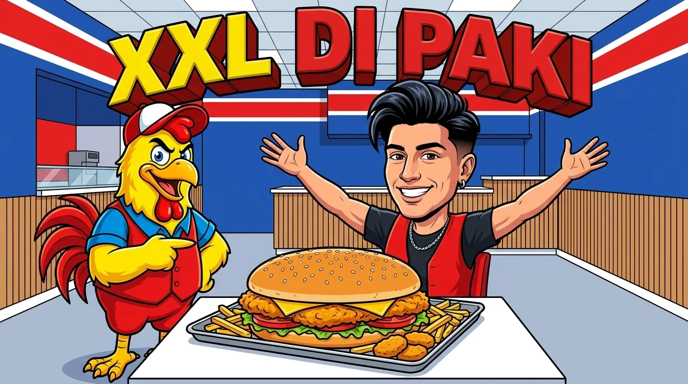 XL Bully Challenge: la mascotte di Bully Chicken indica il panino da 2,5 kg su un vassoio, accanto a Paki che allarga le braccia