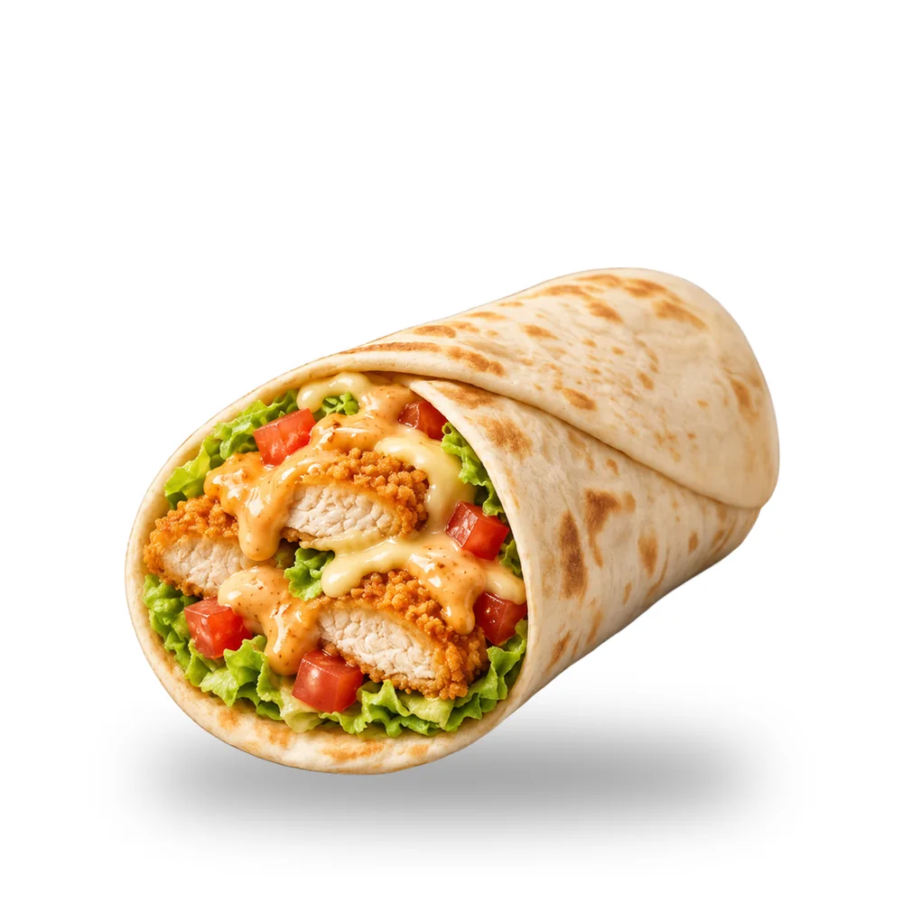 Bully Wrap, tortilla con pollo impanato, lattuga, pomodoro, fonduta, ketchup